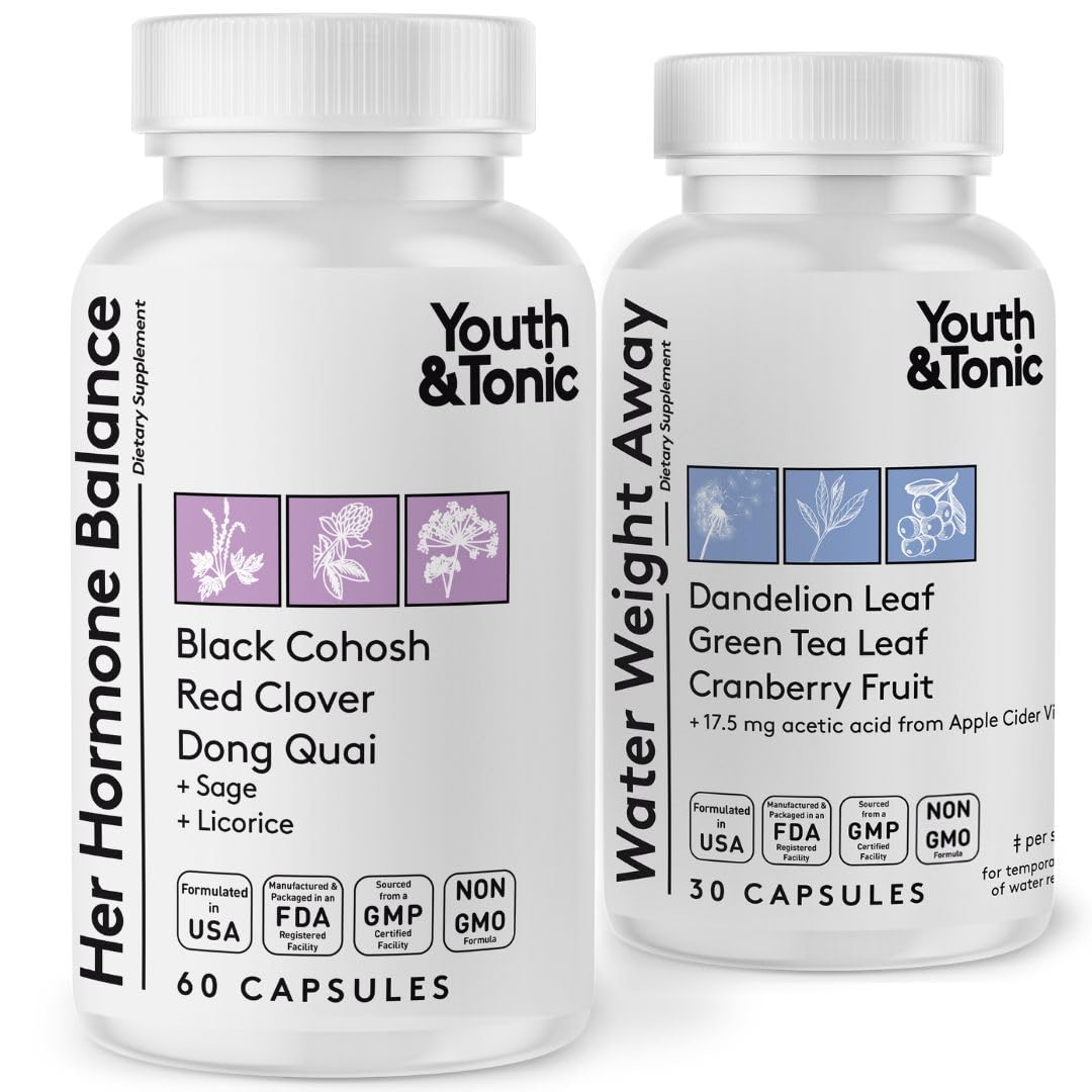 Youth & Tonic PMS & Menopause Bloating Relief Duo – Support for Puffiness, Hormonal Balance & Fluid Retention – Her Hormone Balance + Water Weight Away Natural Herbs for Women, 90 Capsules - Maple Wellness Supplements