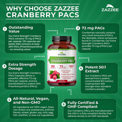 Zazzee Cranberry PACs 72 mg per Capsule, 50:1 Extract, 120 Vegan Capsules, 2X Strength, 4 Month Supply, Fast-Acting, Effective Urinary Tract & Bladder Support - Maple Wellness Supplements