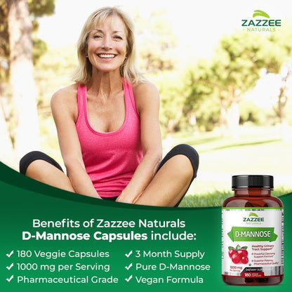 Zazzee D-Mannose, 1000 mg per Serving, 180 Vegan Capsules, 3 Month Supply, Potent - Maple Wellness Supplements
