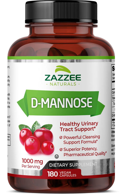 Zazzee D-Mannose, 1000 mg per Serving, 180 Vegan Capsules, 3 Month Supply, Potent - Maple Wellness Supplements