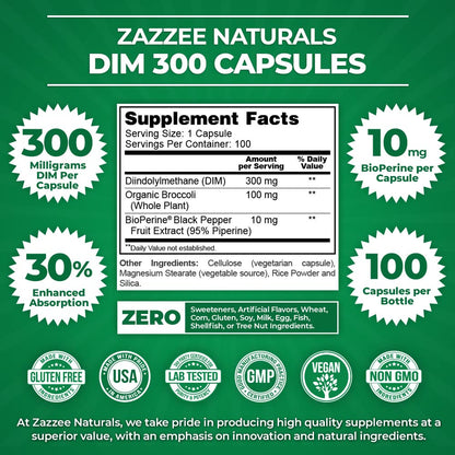 Zazzee Extra Strength DIM 300, 10 mg BioPerine and 300 mg DIM per Capsule, 100 Vegan - Maple Wellness Supplements
