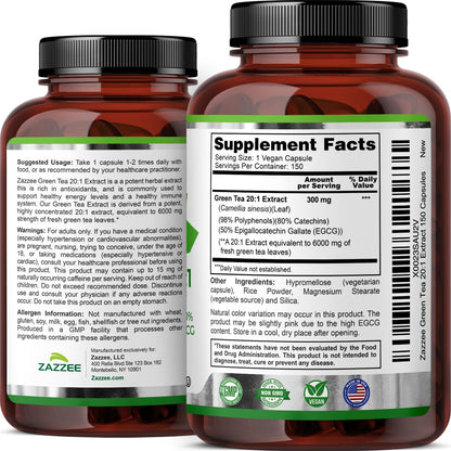 Zazzee Extra Strength Green Tea 20:1 Extract, 50% EGCG, 98% Polyphenols, 80% Catechins, 150 Vegan Capsules, 5 Month Supply, Certified Kosher - Maple Wellness Supplements
