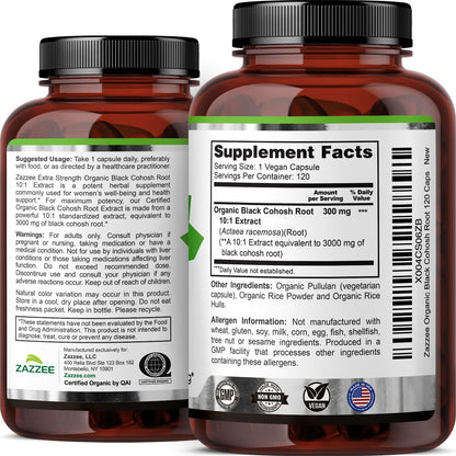 Zazzee USDA Organic Black Cohosh 10:1 Extract, 120 Vegan Capsules, 4 Month Supply, Actaea Racemosa, Women’s Health & Hormonal Balance Support, - Maple Wellness Supplements