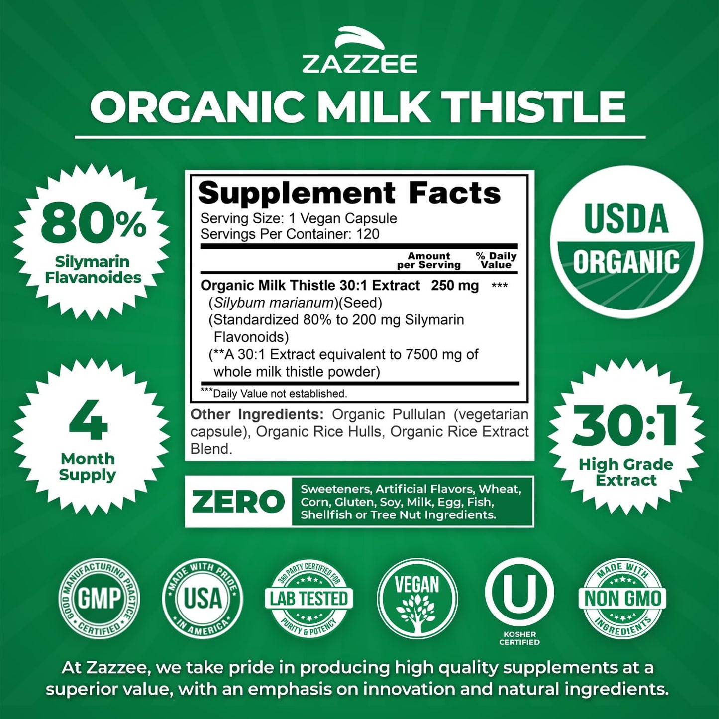 Zazzee USDA Organic Milk Thistle 30:1 Extract, 80% Silymarin, 120 Vegan Capsules, 4 Month Supply, Certified Kosher, High Potency Liver & Antioxidant Support - Maple Wellness Supplements
