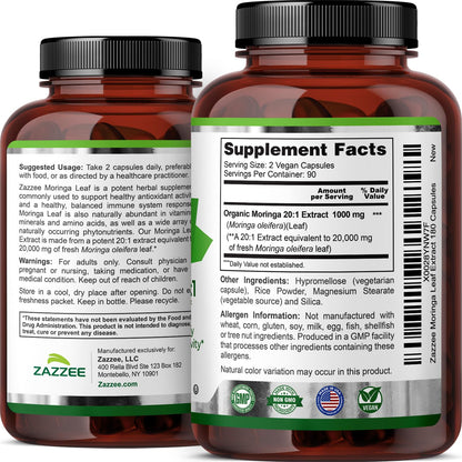 Zazzee USDA Organic Moringa Leaf 20:1 Extract, 180 Vegan Capsules, 3 Month Supply, Certified Kosher, Moringa Oleifera, Antioxidant, Immune & Cellular Support - Maple Wellness Supplements
