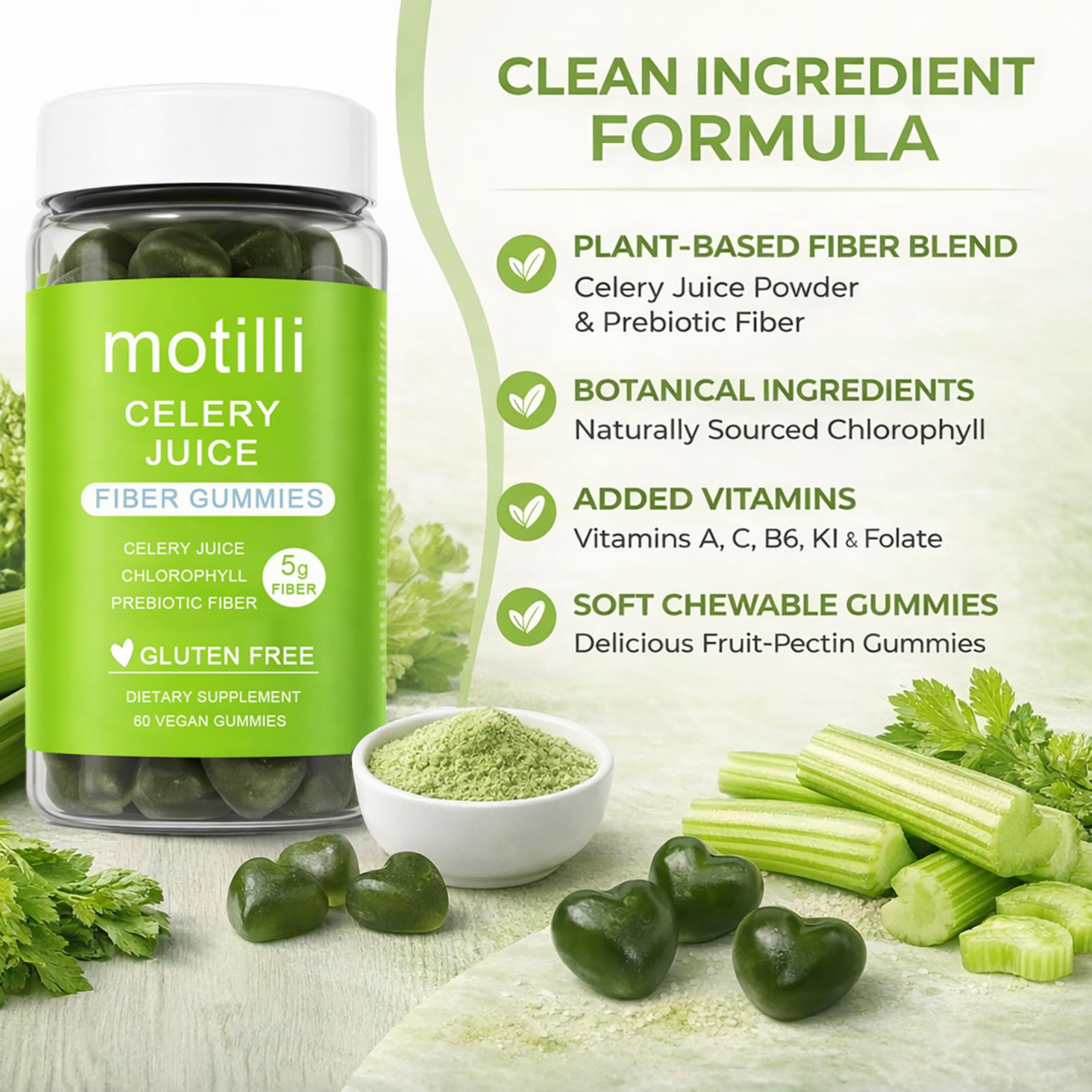 zdiwond Motilli Celery Juice Fiber Gummies, with Prebiotic Fiber and Botanical Ingredients, 60 Count - Maple Wellness Supplements