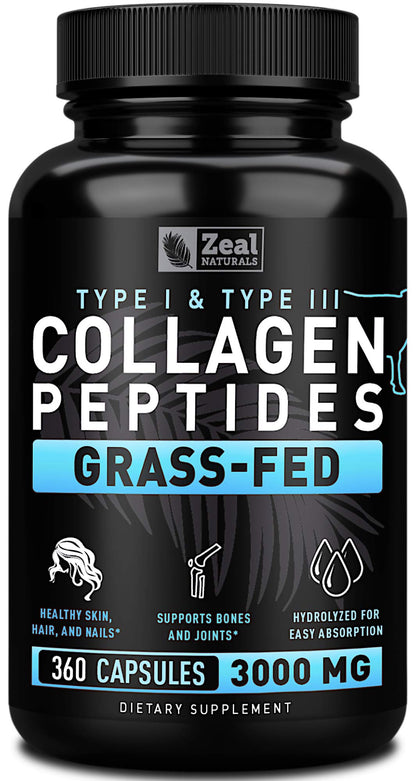 Zeal Naturals Collagen Peptides Collagen Pills (360 Capsules) Grass Fed Collagen Pepetide Powder - Hydrolyzed Collagen Powder for JointTendon SupplementHair Skin and Nails - Maple Wellness Supplements