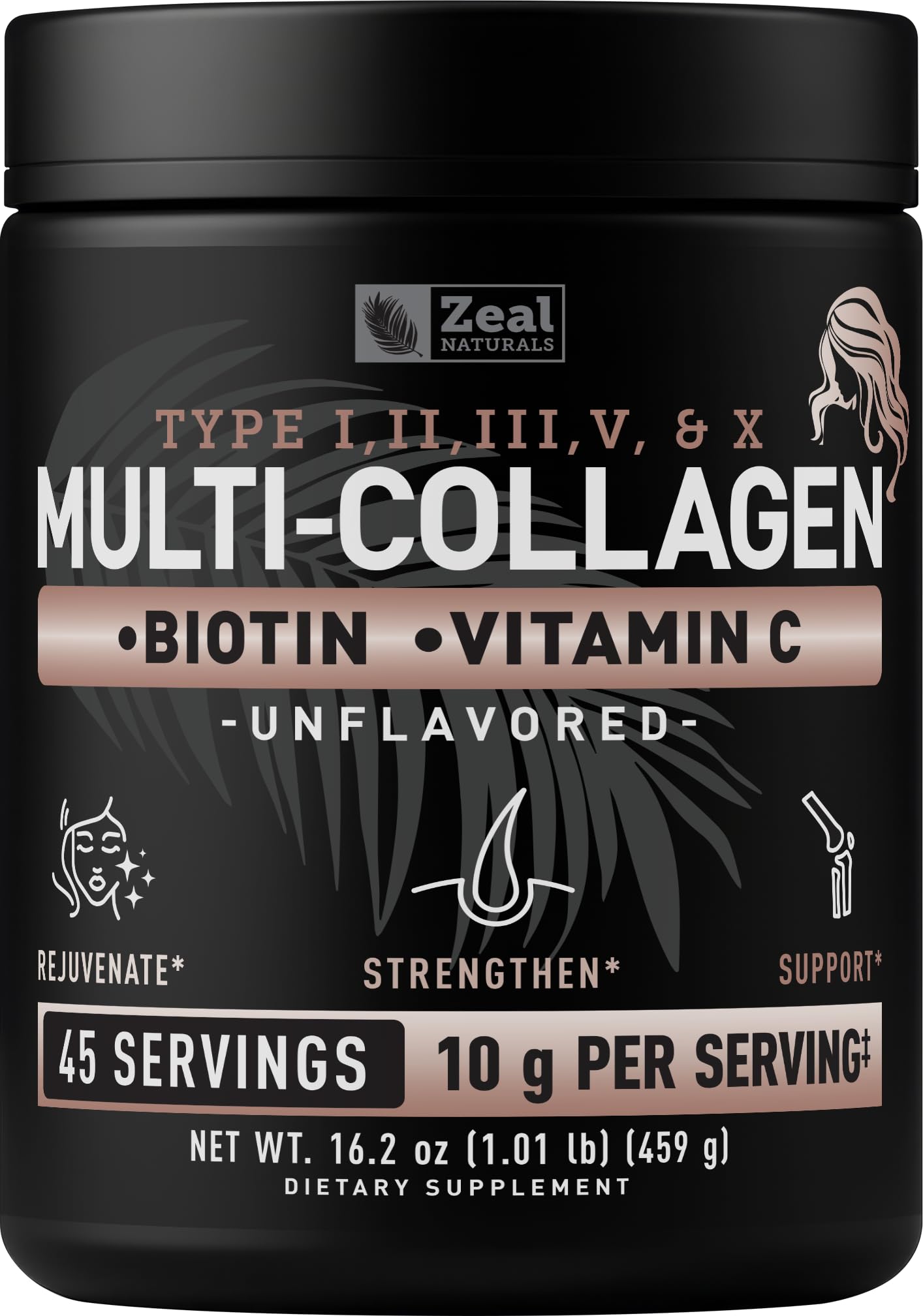 Zeal Naturals Multi Collagen Protein Peptides Powder Types I II III V X - Vitamin C, Biotin & Hyaluronic Acid - Hair, Skin & Nails - Marine, Bovine, Chicken & Eggshell - Unflavored, 45 Servings - Maple Wellness Supplements