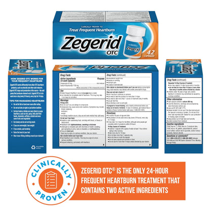 Zegerid OTC, 24-Hour Heartburn Relief, Acid Reflux Medicine and Antacid, Treats Frequent Heartburn, Omeprazole 20mg + Sodium Bicarbonate, Proton Pump Inhibitor (PPI), Two 42ct Cartons - Maple Wellness Supplements