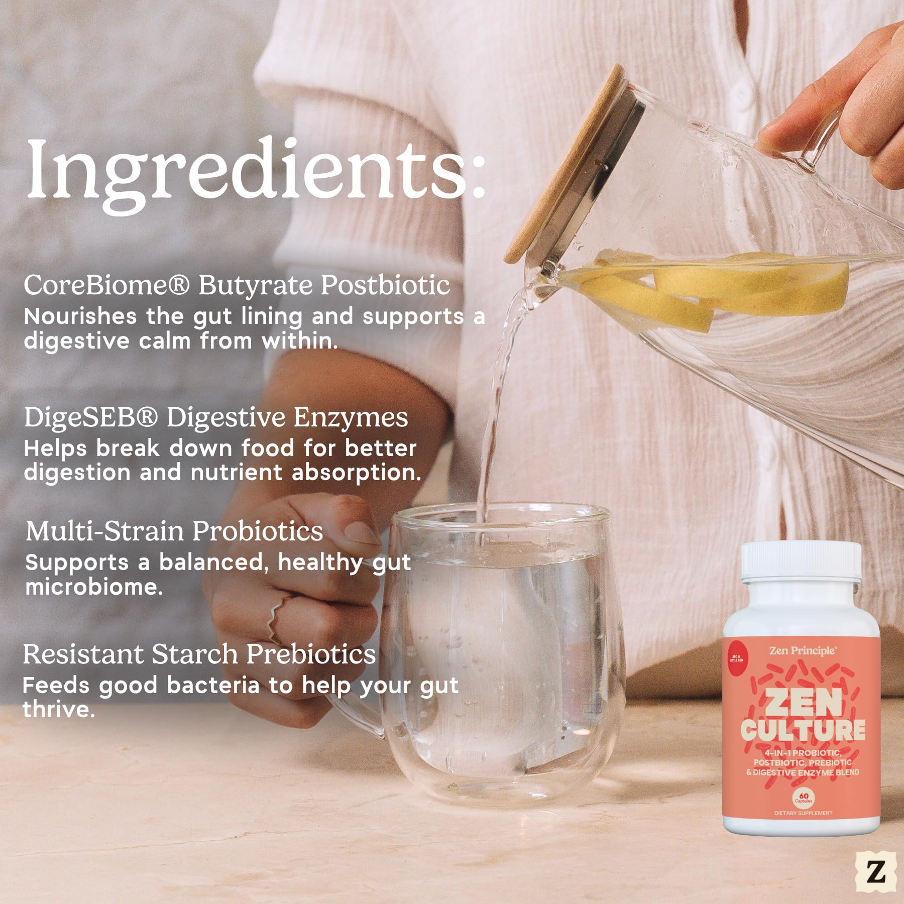 Zen Principle Zenculture™ – 4-in-1 Synbiotic Supplement (Probiotic + Prebiotic + Postbiotic + Digestive Enzymes) with CoreBiome®. Anti Bloating, - Maple Wellness Supplements