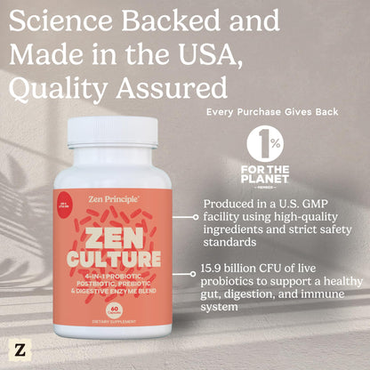 Zen Principle Zenculture™ – 4-in-1 Synbiotic Supplement (Probiotic + Prebiotic + Postbiotic + Digestive Enzymes) with CoreBiome®. Anti Bloating, - Maple Wellness Supplements