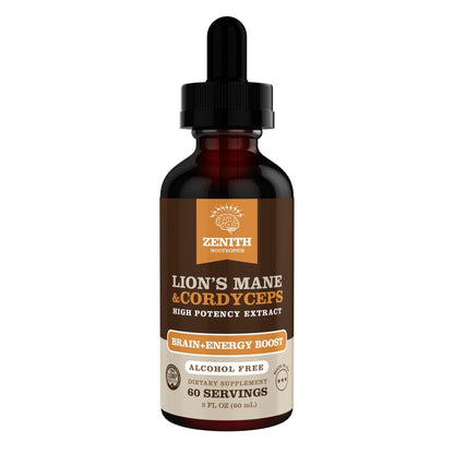 Zenith Nootropics Lion’s Mane & Cordyceps Supplement – Brain & Energy Support – Focus, Memory, Clarity, Immunity – Vegan, Alcohol-Free Tincture – Up-to 2-Month Supply, 2 fl oz - Maple Wellness Supplements