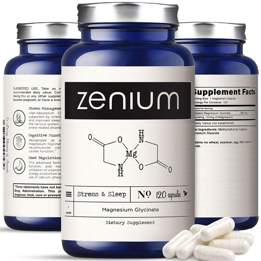 Zenium - Magnesium Glycinate for Sleep, Chelated, 600mg per Serving, 120 Capsules | High Absorption | Relieve Tension, Worry, Nervousness | Calm The Mind & Body | Ayurvedic | Natural Relief Supplement - Maple Wellness Supplements