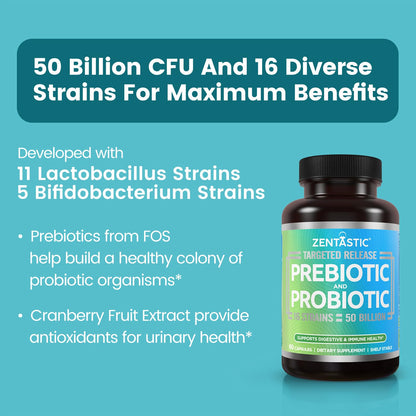 Zentastic Probiotics & Prebiotics Supplement - 50 Billion CFU - for Men & Women’s Immune & Digestive Health - 16 Strains - Shelf Stable - 180 Delayed Release Veggie Capsules - Maple Wellness Supplements