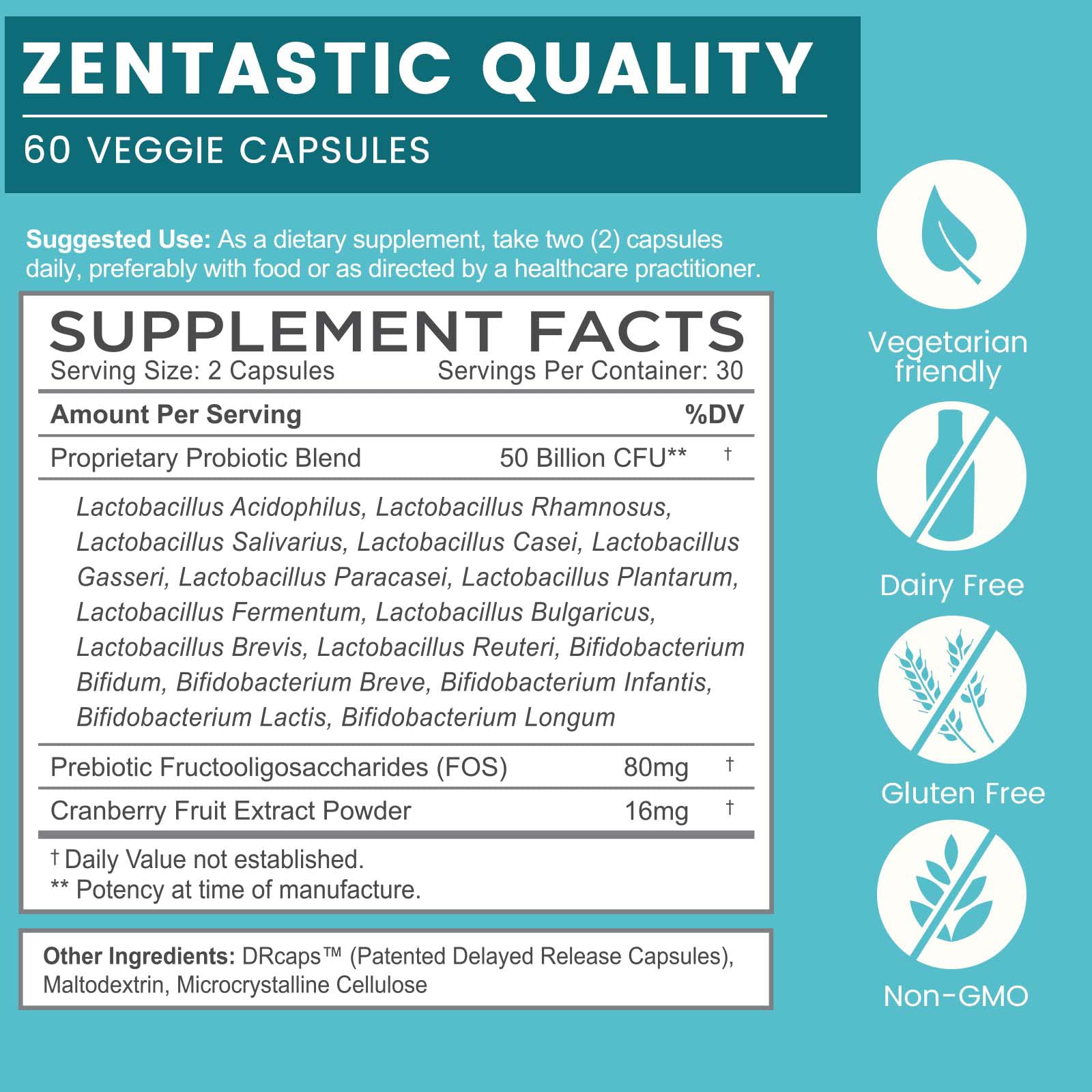 Zentastic Probiotics & Prebiotics Supplement - 50 Billion CFU - for Men & Women’s Immune & Digestive Health - 16 Strains - Shelf Stable - 180 Delayed Release Veggie Capsules - Maple Wellness Supplements
