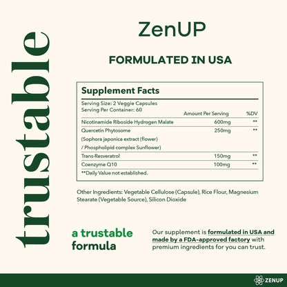 ZenUP NAD+ Supplement | 1100mg Liposomal Nicotinamide Riboside with Resveratrol & Quercetin | Anti-Aging, Cellular Energy, Mental Focus | 120 Caps - Maple Wellness Supplements