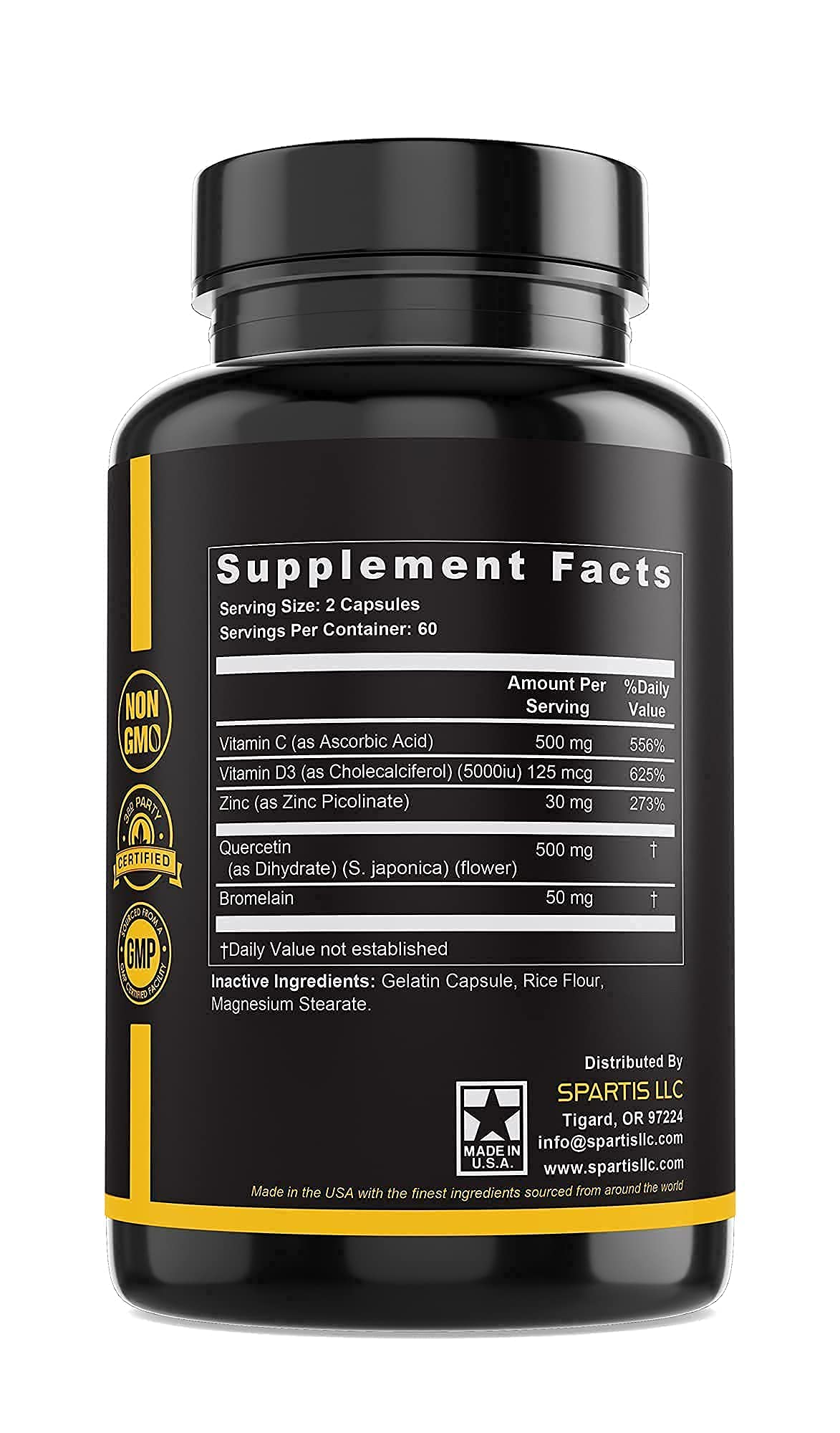 Zinc Quercetin 500mg with Vitamin C Vitamin D3 Bromelain Immune Support High Potency Quercetin Zinc Supplement ZQV by SPARTIS (Pack of 1 Bottle at 120-Caps) - Maple Wellness Supplements