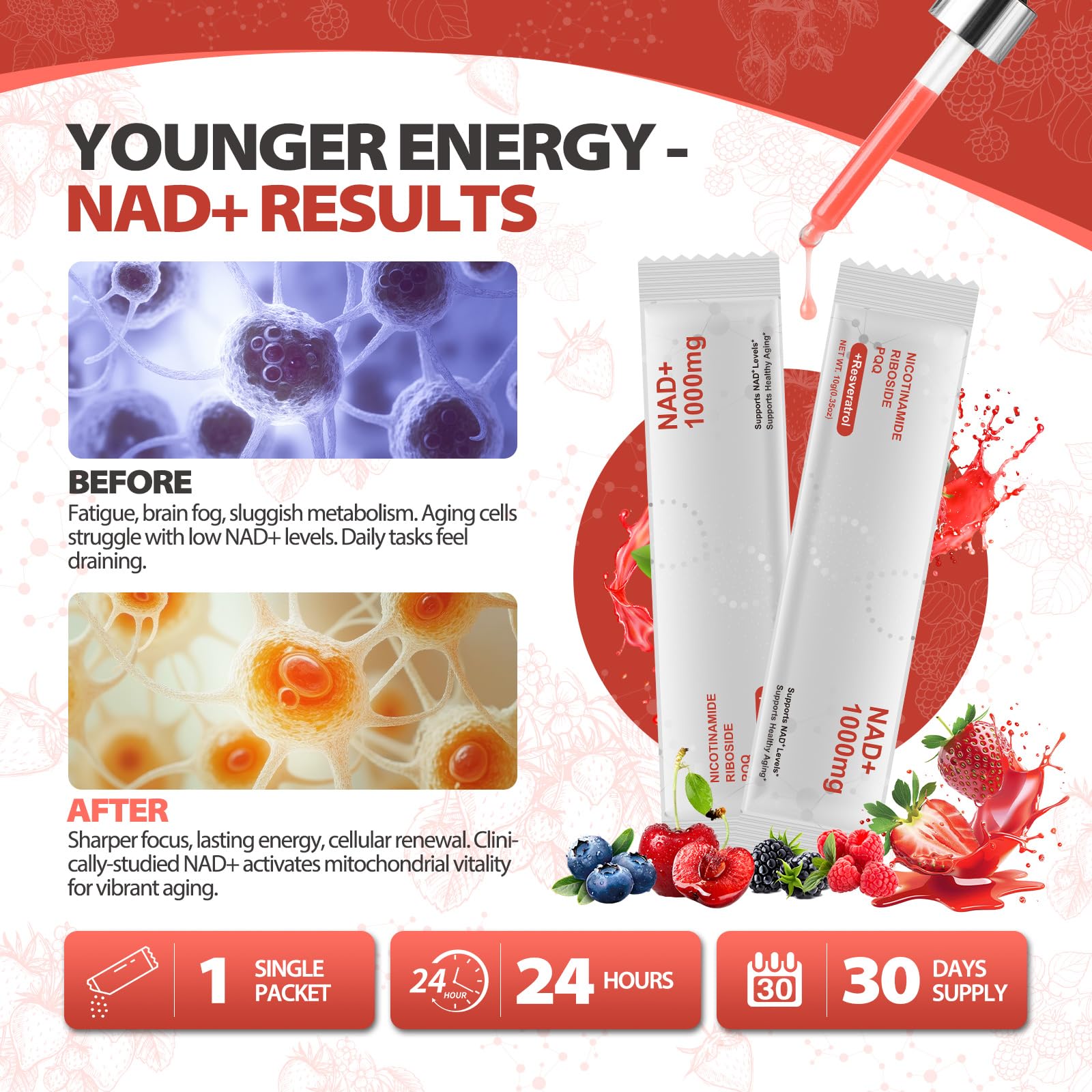 Zooone NAD+ Liquid Supplement 1000mg, Nicotinamide Riboside & Resveratrol, Extra Strength Berry Flavor Drink Mix for Energy, Focus & Anti-Aging -30 Pack - Maple Wellness Supplements