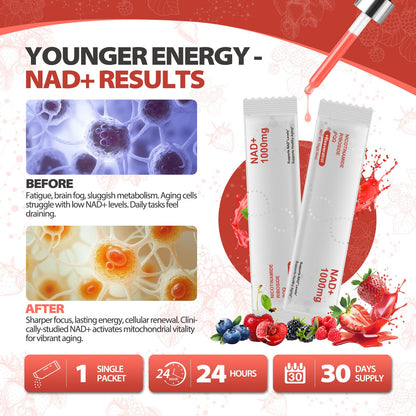 Zooone NAD+ Liquid Supplement 1000mg, Nicotinamide Riboside & Resveratrol, Extra Strength Berry Flavor Drink Mix for Energy, Focus & Anti-Aging -30 Pack - Maple Wellness Supplements