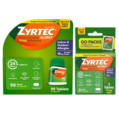 Zyrtec 24 Hour Allergy Relief Tablets, Indoor & Outdoor Allergy Medicine with 10 mg Cetirizine Hydrochloride Antihistamine, Value Bundle of one, 90 ct Bottle & Three, 1 ct Travel Packs - Maple Wellness Supplements